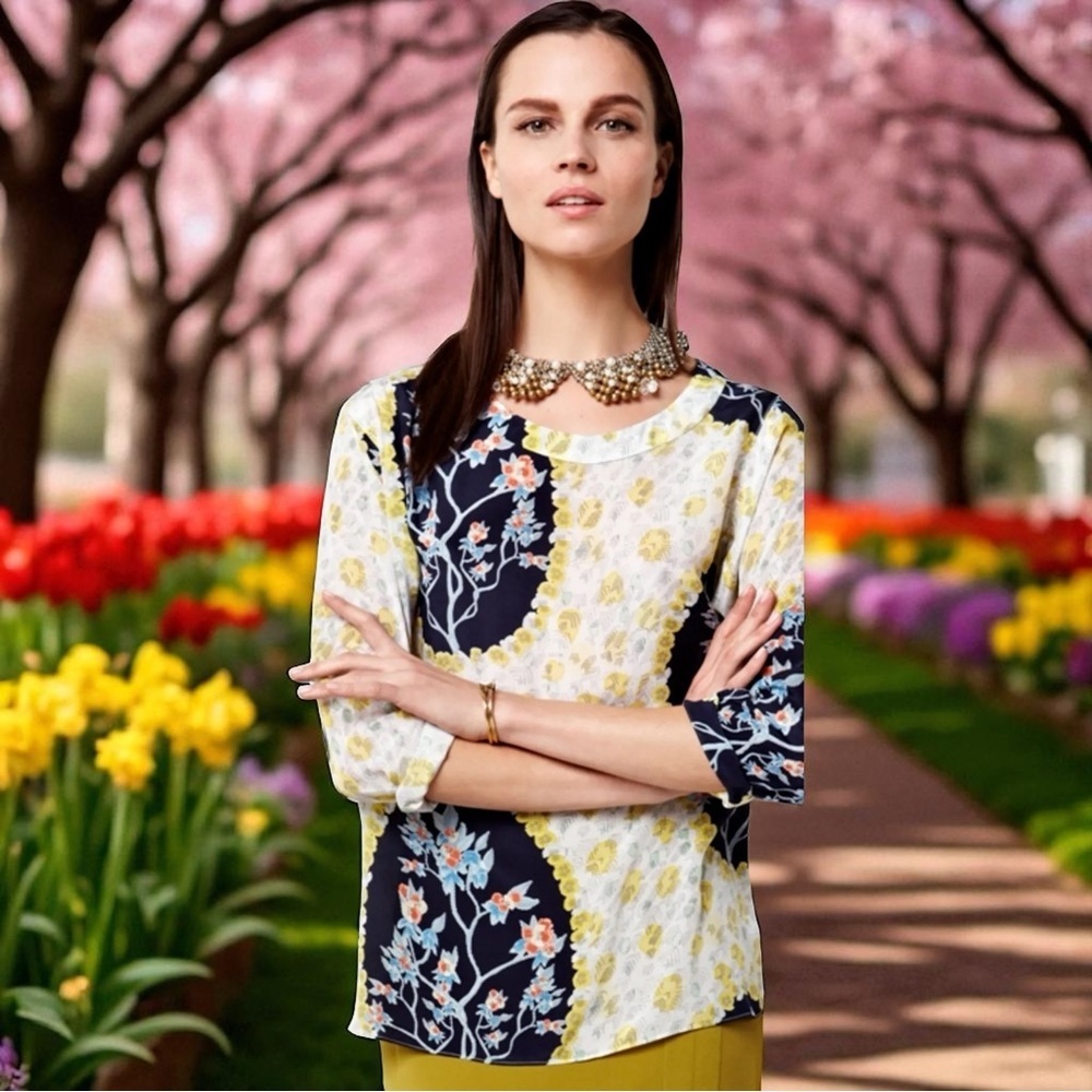 Anthropologie Chris Benz Aunt Esther Blouse 100% Silk Mosaic Floral Artsy Size 4